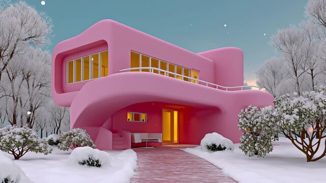 Unique pink architectural structure surrounded by snow-covered landscape, showcasing a modern design with large windows, as the camera smoothly zooms in to highlight intricate details and vibrant colo
