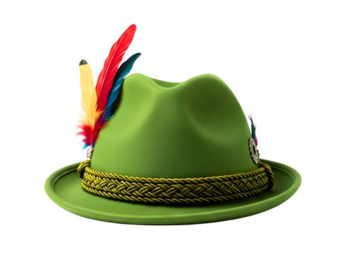Traditional green felt hat with feather and gold trim isolated on transparent background