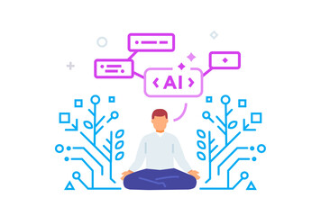 illustrations artificial intelligence helps humans. technology, partnership, artificial intelligence business robot, cybes. linear illustration Icons infographics. Landing page site print poster. Line