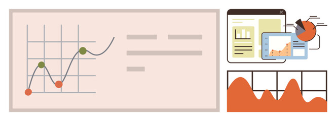 Design with a line graph, bar graph, pie chart, tablet, and laptop screen. Ideal for data analysis, business planning, analytics, report presentation research progress tracking simple flat