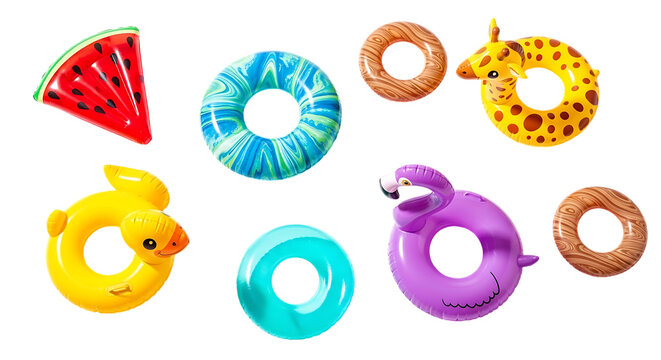 Collection of colorful inflatable pool floats and rings in various fun shapes isolated on white background