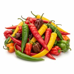 Colorful assortment of chili peppers on white background &mdash; vibrant close-up food photography