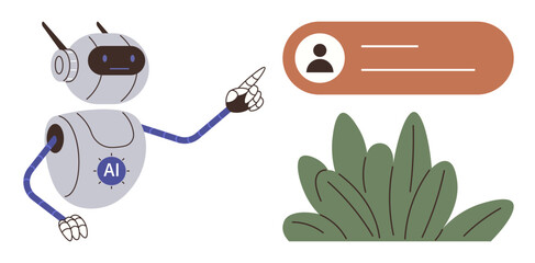 AI robot pointing at a user profile with greenery in the background. Ideal for technology, AI, user profiles, digital communication, innovation, futuristic design, and simple flat metaphor