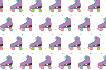 Seamless pattern with purple roller skates and stars in retro style. Vector illustration.