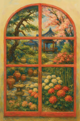 Asian Garden View Painting Through Window