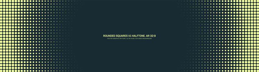 Rounded squares grid halftone pattern faded round border ultra wide 32:9 aspect ratio vector yellow black contrast abstract background. Half tone graphic ultrawide format futuristic tech backdrop