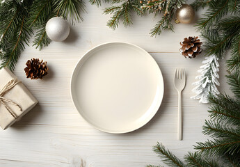 Top-view photo of an empty dish and cutlery on a light wood surface, with pine tree branches. Christmas concept.