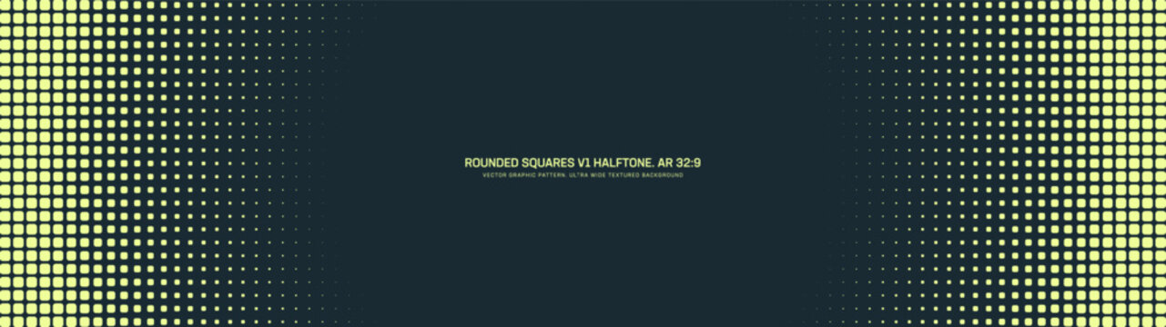 Rounded squares grid halftone pattern faded round border ultra wide 32:9 aspect ratio vector yellow black contrast abstract background. Half tone graphic ultrawide format futuristic tech backdrop