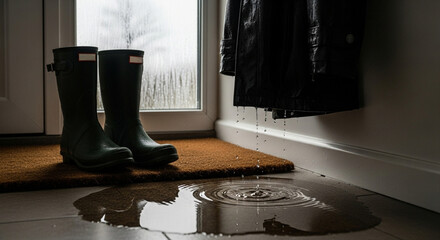 Wet and rainy day at home featuring a pair of green rubber boots on a doormat, with a puddle of water on the floor and a dark coat hanging nearby indoors