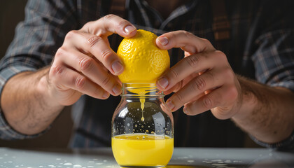 Man squeezing lemon into glass jar for fresh juice preparation