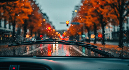 Rainy day drive through the city with orange trees lining the street, seen through the windshield with wipers on, creating a blurred and atmospheric view