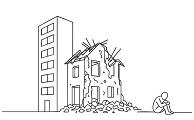 Obraz premium line sketch damaged house and person life by war on white background