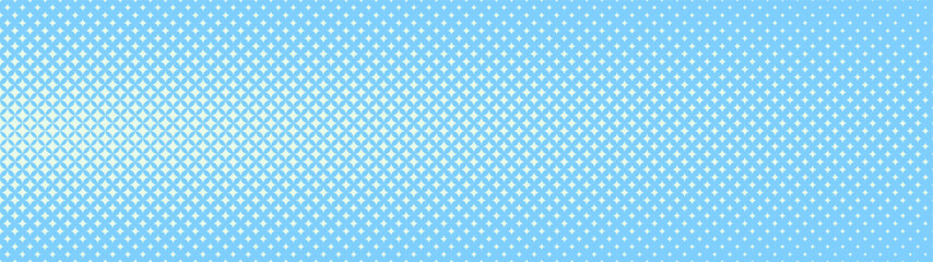 Star shaped trendy halftone pattern light ray effect ultra wide 32:9 aspect ratio white blue vector abstract background. Half tone grid graphic glitter panoramic ultrawide format fantastic abstraction