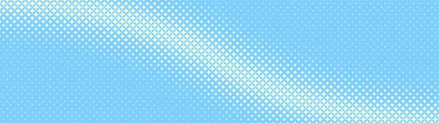 Star shaped trendy halftone pattern smooth curved line ultra wide 32:9 aspect ratio light blue vector abstract background. Half tone grid graphic glitter effect panoramic ultrawide format abstraction