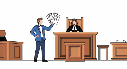 A cartoon journalist stands confidently in a courtroom holding papers while a judge sits at the bench.