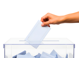 Hand placing ballot paper into transparent ballot box isolated on transparent background