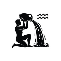 Fototapeta premium Silhouette of aquarius pouring liquid from jug with zodiac sign above on white background