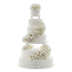 Multi-tiered white wedding cake with floral decorations isolated on a transparent background