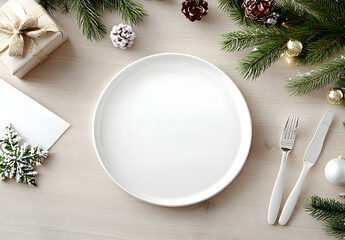 Top-view photo of an empty dish and cutlery on a light wood surface, with pine tree branches. Christmas concept.