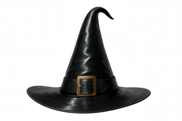 Black witch hat with buckle for halloween, magic, costume, and fantasy concepts on transparent background