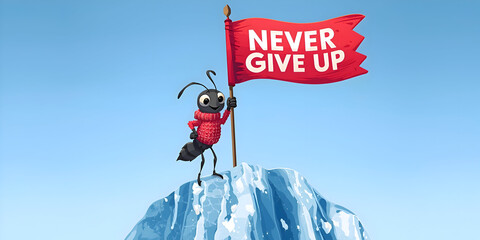 This represents belief in making impossible possible, portraying triumphant ant on an icy peak, inspiring viewers with never give up spirit