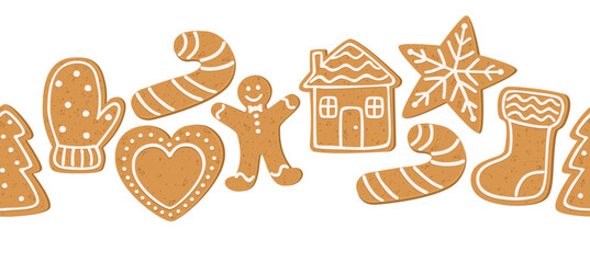 Seamless border with Christmas cookies. Horizontal pattern of cute gingerbread with decorative glaze.