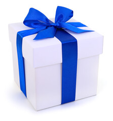 White gift box with blue ribbon isolated on white background