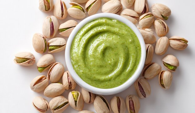 Overhead View of Pistachio Nuts Surrounding a Bowl of Green Creamy Dip on White Background