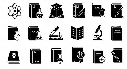 Educational icons representing science knowledge and academic subjects in monochrome style