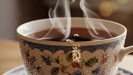 Steam rises from a patterned teacup filled with warm liquid, resting on a saucer - Powered by Adobe