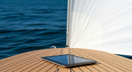 Tablet on a yacht deck with a sail in the background, showcasing technology and leisure, perfect for travel, relaxation, and modern lifestyle themes on the sea