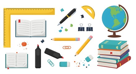 Educational supplies collection books globe ruler and stationary elements