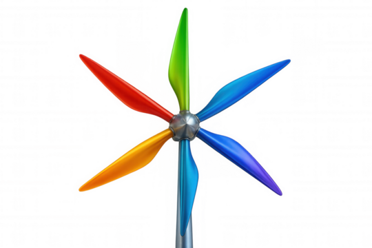 Colorful wind turbine or pinwheel conceptualizing renewable energy, environmental protection, and green technology on transparent background