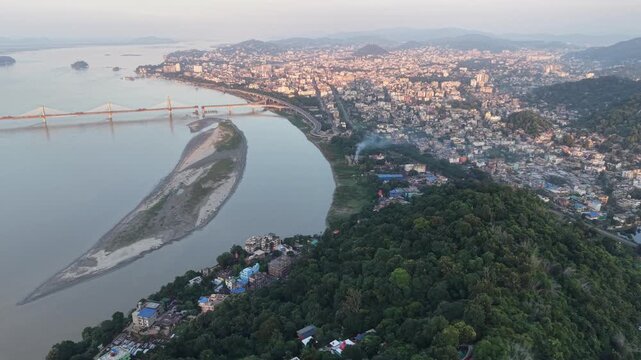 Guwahati Cityscape and the Brahmaputra River at Dusk beautiful aerial view