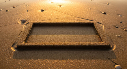 A square shape carved into the wet sand on a beach at sunset, creating a unique and artistic composition with the golden light reflecting on the surface