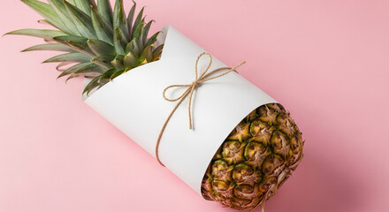 A fresh pineapple wrapped in white paper and tied with twine, presented against a soft pink backdrop, ideal for summer promotions and tropical themes