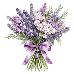 Elegant Watercolor Lavender and Lilac Bouquet with Ribbon Clipart  © Sajana Jayathissa