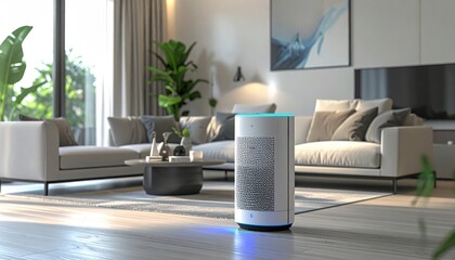 Modern Air Purifier in a Bright Living Room.