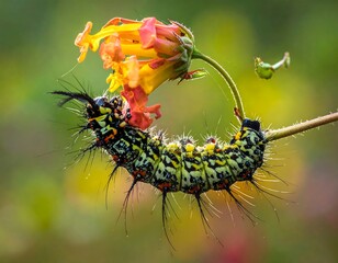 A colorful caterpillar on a flower stalk with a blurred background