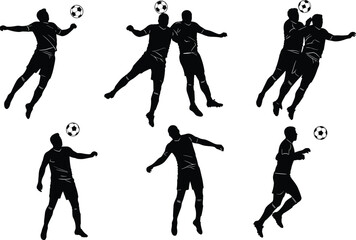 Dynamic soccer player silhouettes in action poses with football ball, competitive sports vector illustration for athletic training, teamwork, and energy design