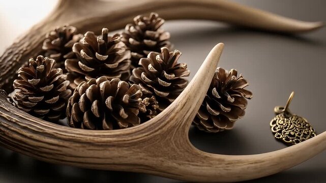 Close-up of pinecones nestled in antlers, with antique metal decor on a gray backdrop