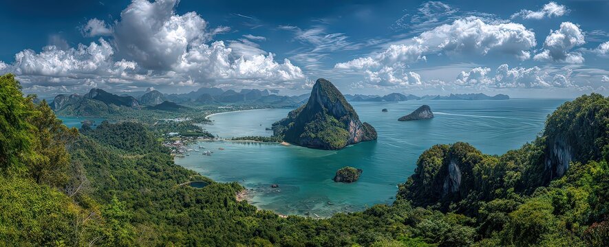 Panoramic Island Landscape Scene with Lush Greenery and Turquoise Waters Under Cloudy Sky - Powered by Adobe