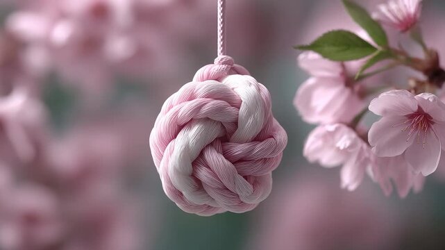 Aesthetic artistic conception of pink Chinese knot and cherry blossoms