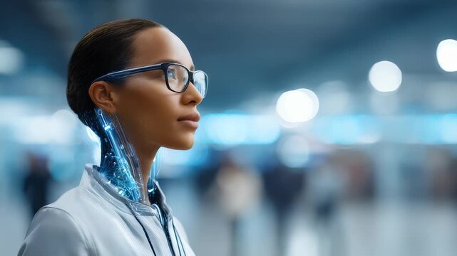 A young woman with visible cybernetic implants and stylish glasses gazes forward in a high tech setting. The image symbolizes innovation, AI integration, and the future of human machine interaction