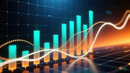 Glowing teal and amber candlestick bars with curving trend lines on dark grid background, pricing analysis, market strategy