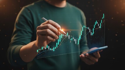 Man hand with stylus pointing glowing stock chart on dark background, pricing analysis, market strategy