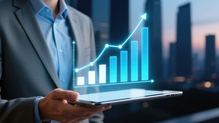 Businessman hand holding tablet with glowing holographic finance chart over city lights, pricing analysis, market strategy