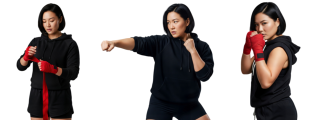 Boxing woman with red hand wraps punching and guard stance set, boxing woman, fighter woman, Isolated on transparent background, png