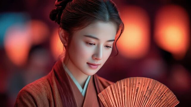 Classical beauty holding a folding fan under lanterns smiles back