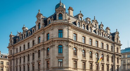 Obraz premium Elegant architectural facade of a historical building against a clear blue sky